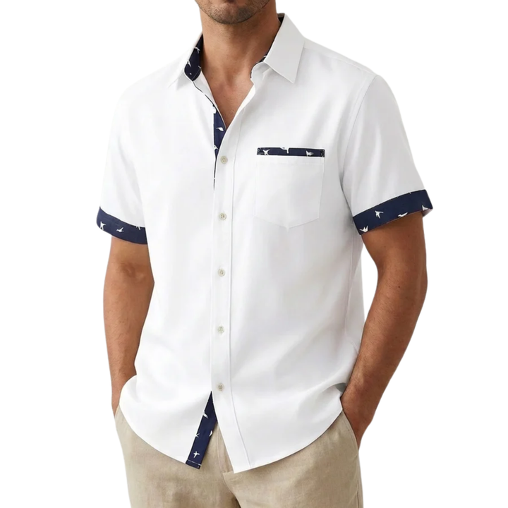 Men's Short Sleeve Button-Down Shirt – Relaxed Fit Bird Print Border