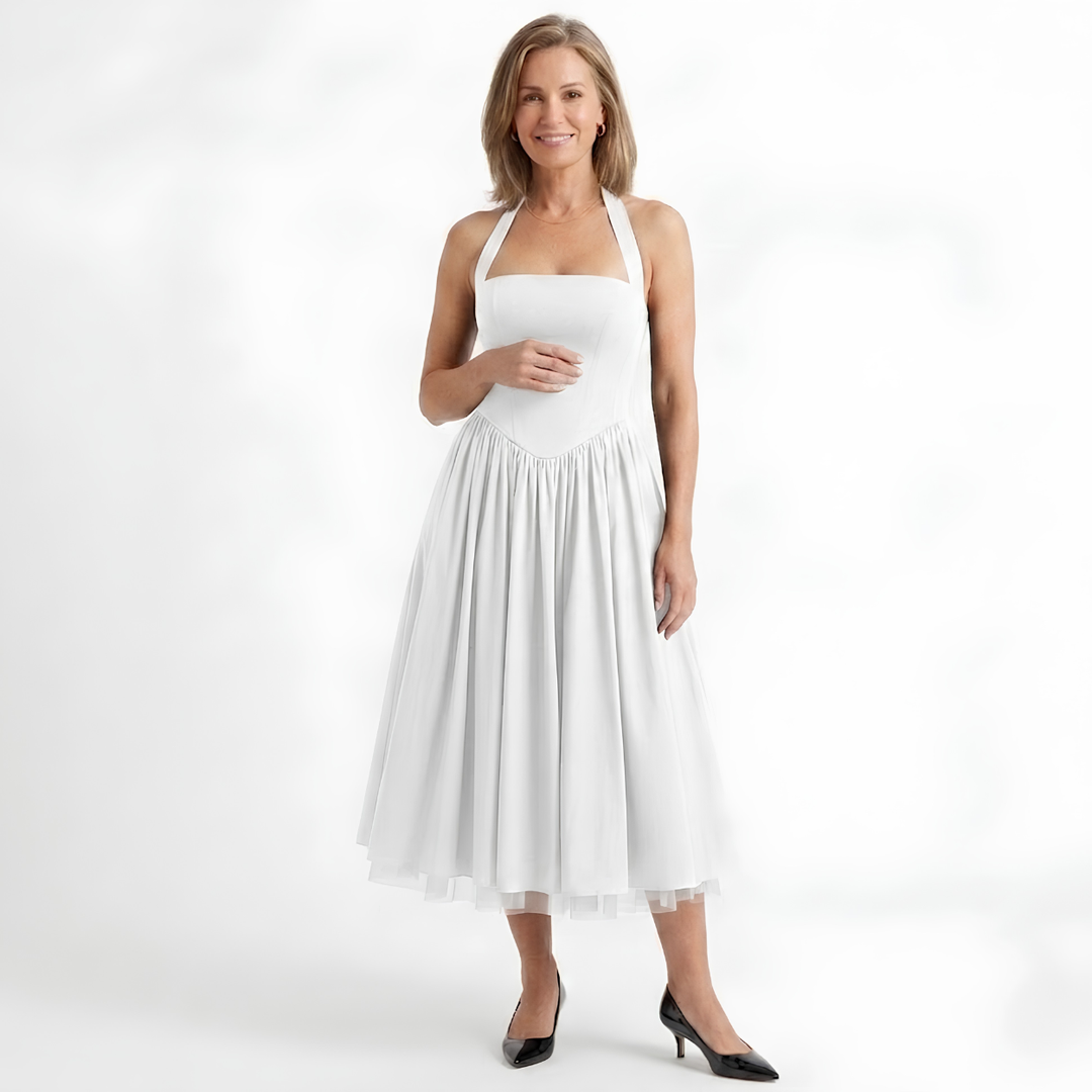 Midi Dress Halter Open Back Trapeze – Fitted Bodice Flared Skirt Style