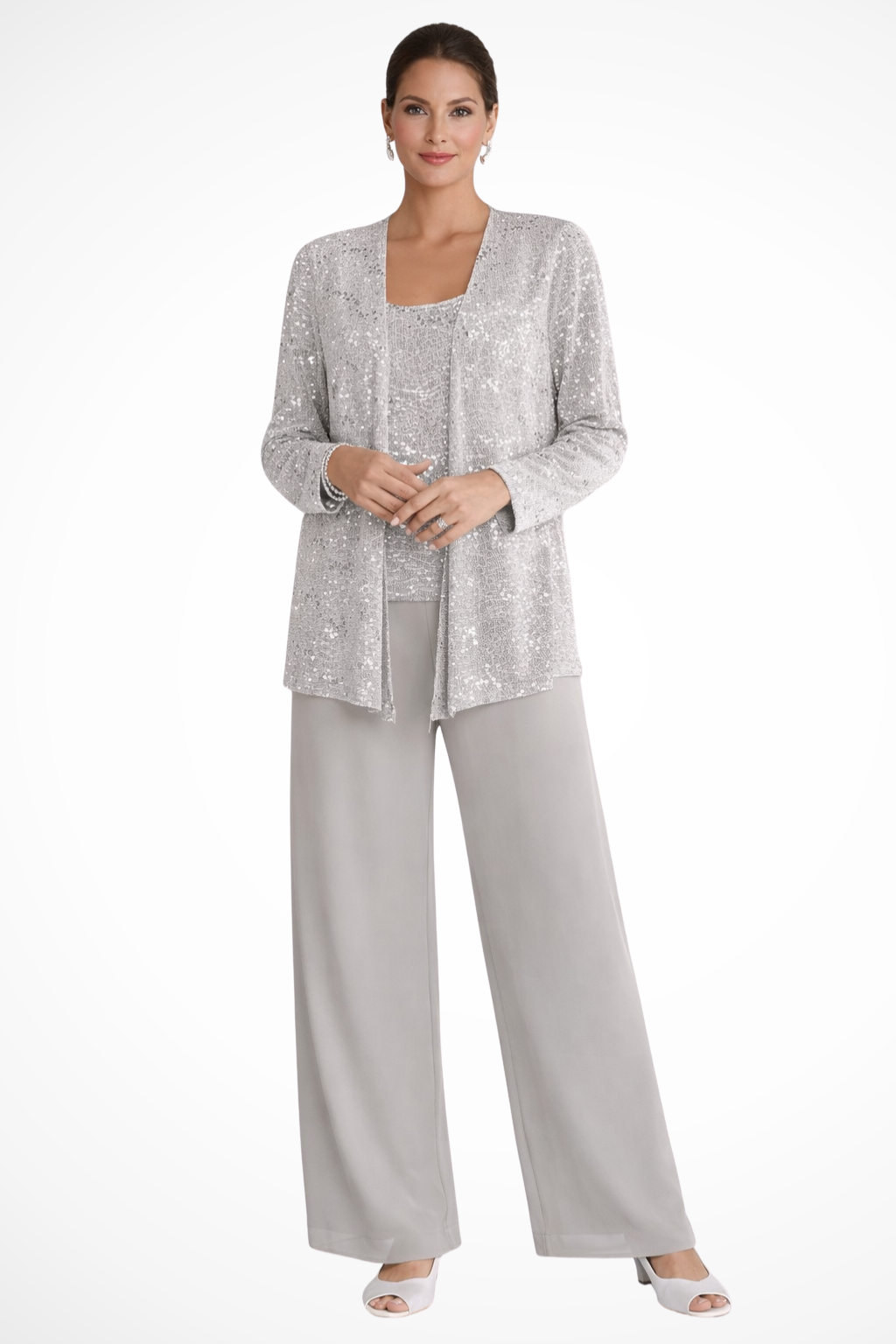 Sequin Lace Three-Piece Suit – Women's Wide Leg Trouser Set