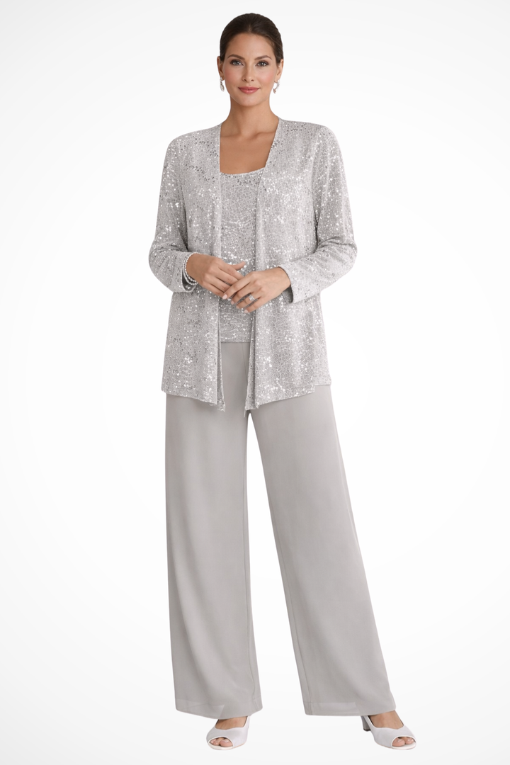 Sequin Lace Three-Piece Suit – Women's Wide Leg Trouser Set