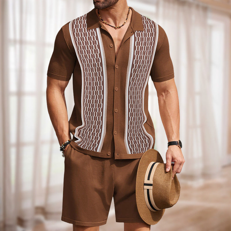 Men's Two-Piece Set – Geometric Knit Shirt & Shorts