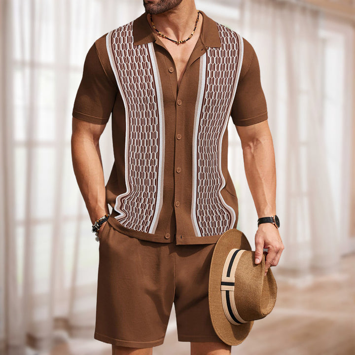 Men's Two-Piece Set – Geometric Knit Shirt & Shorts