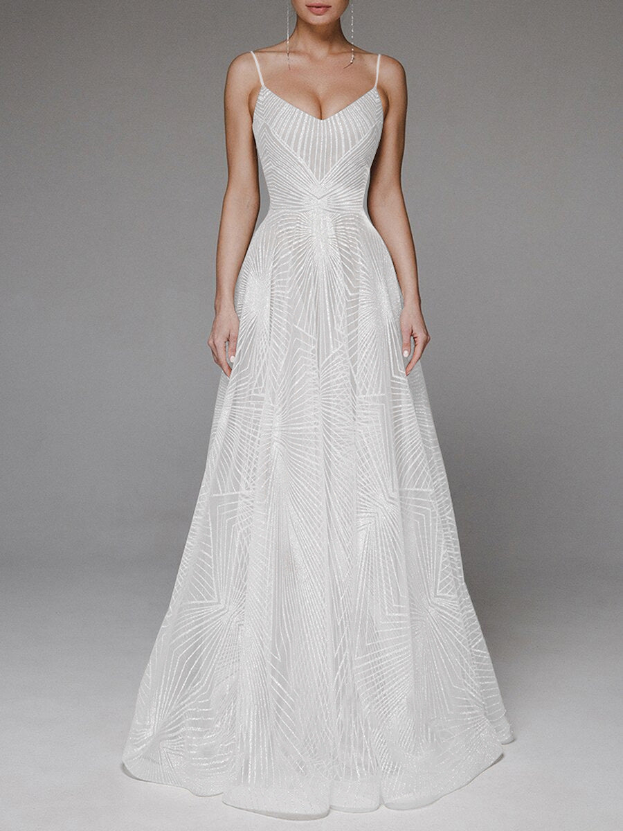 Sequin Maxi Dress A-Line Pleated Skirt Spaghetti Straps – Wedding