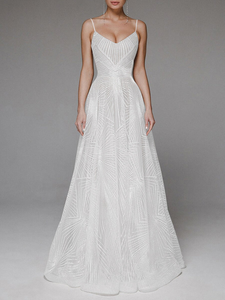 Sequin Maxi Dress A-Line Pleated Skirt Spaghetti Straps – Wedding