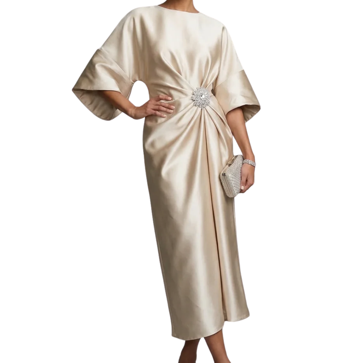 Women's Satin Midi Dress Batwing Sleeves – Bateau Neckline Jewel Waist