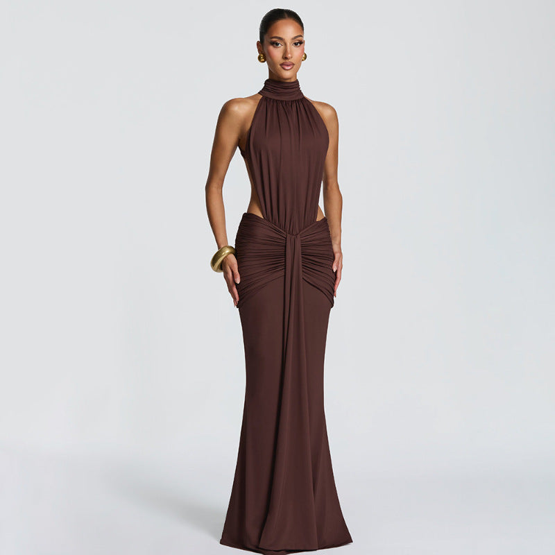 Women's Ruched Bodycon Maxi Dress – Backless Halter Cut-Out