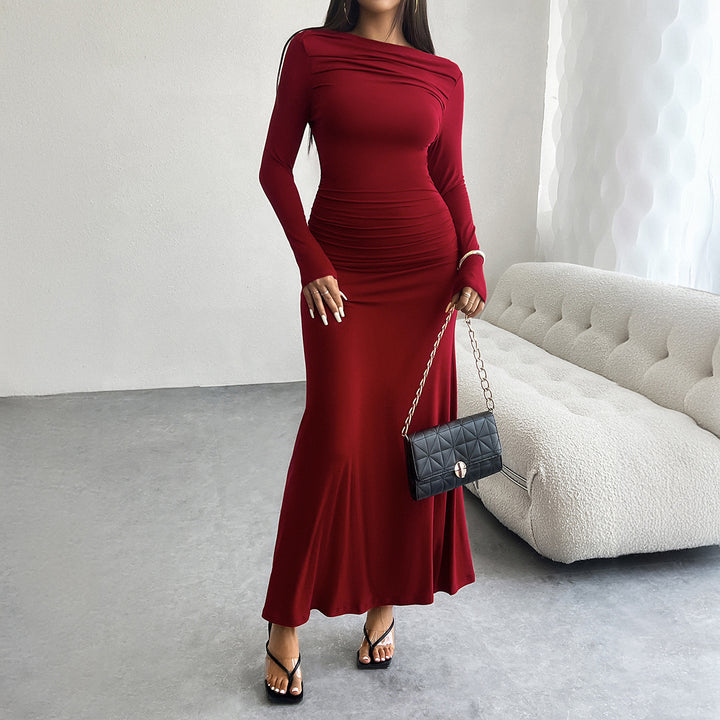 Women's Ruched Maxi Dress – Long Sleeve Fluted Drop Waist