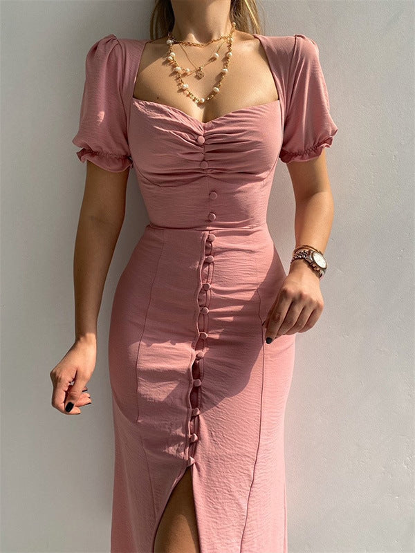 Midi Dress Women V-Neck Single Breasted A-Line – Flattering Mid-Length