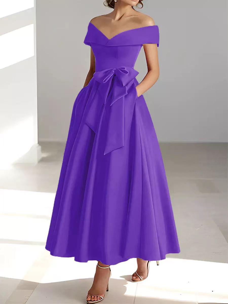 Mother of the Bride Dress Satin A-Line – Off-Shoulder Ankle Pockets