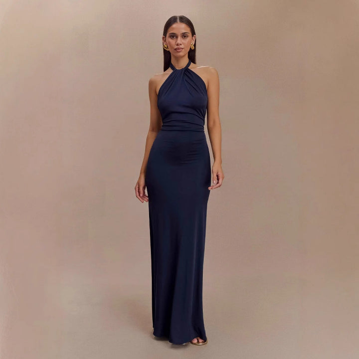 Satin Halter Maxi Gown – Open Back Ruched Waist Dress