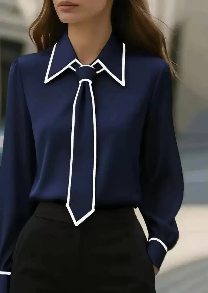 Tie Neck Blouse – Women's Contrast Trim Long Sleeve Top