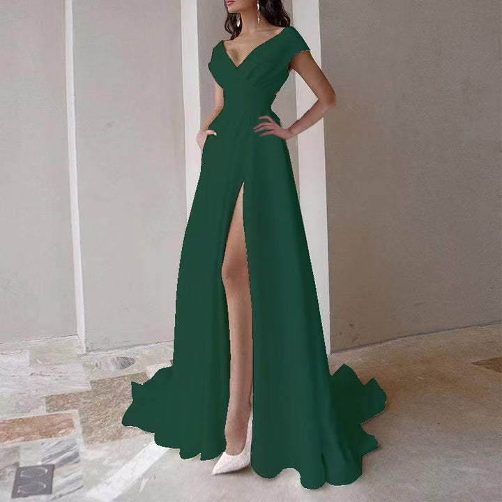 Women's V-Neck Floor Length Evening Dress – Structured Bodice High Slit Elegant