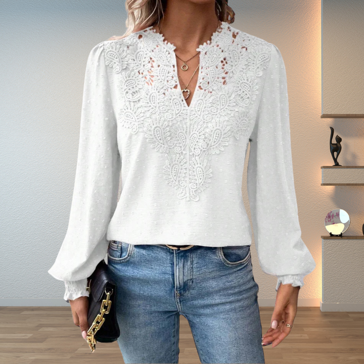 Embroidered V-Neck Blouse – Women's Gathered Sleeve Top
