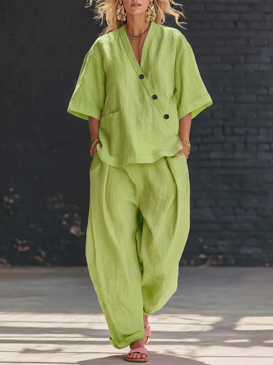 Women's Two Piece Set V-Neck Top & Wide-Leg Trousers