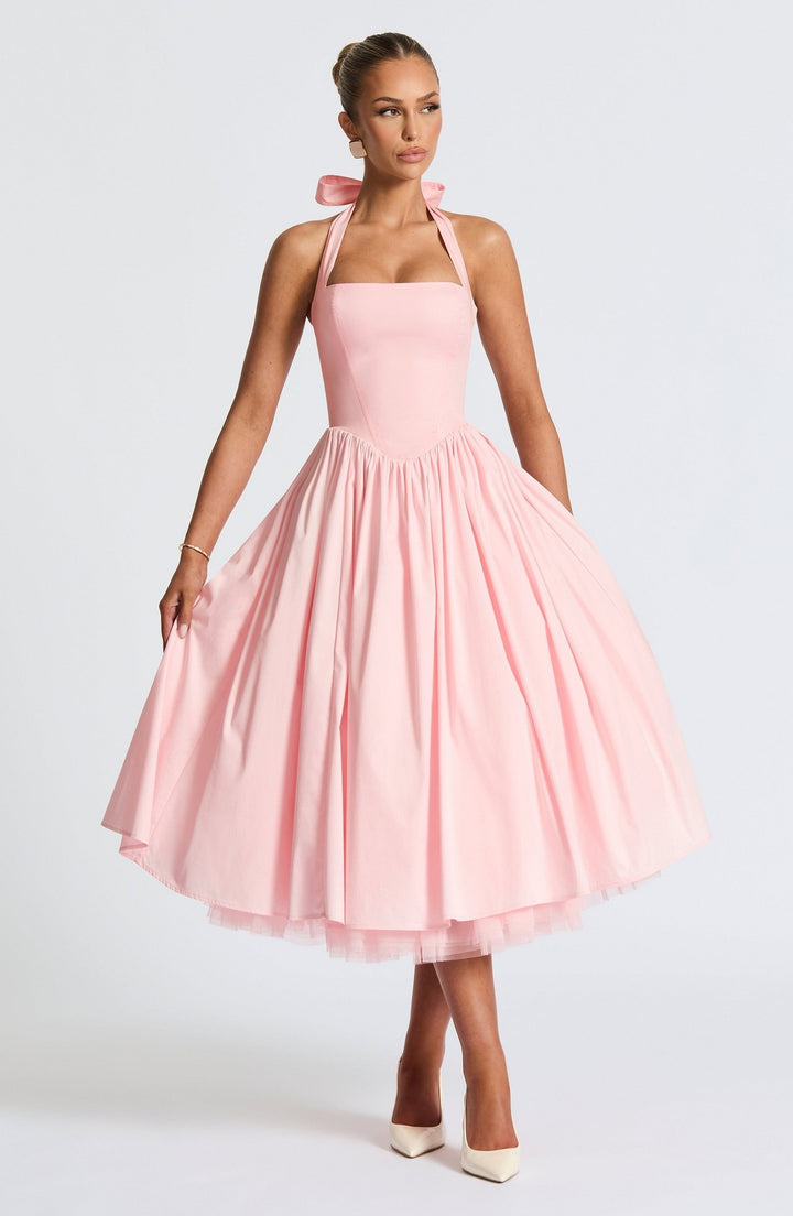 Midi Dress Halter Open Back Trapeze – Fitted Bodice Flared Skirt Style