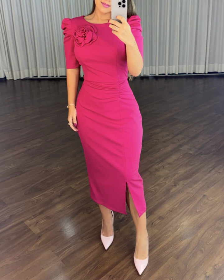 Women's Bodycon Midi Dress – Puff Sleeve Ruched Front Detail