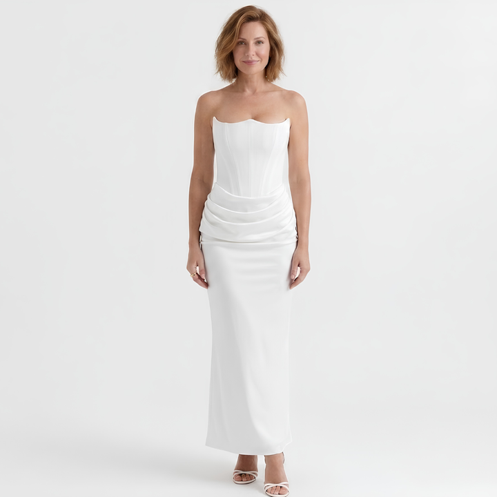 Maxi Bodycon Dress Strapless Bustier – Strategic Ruching Ankle Gown