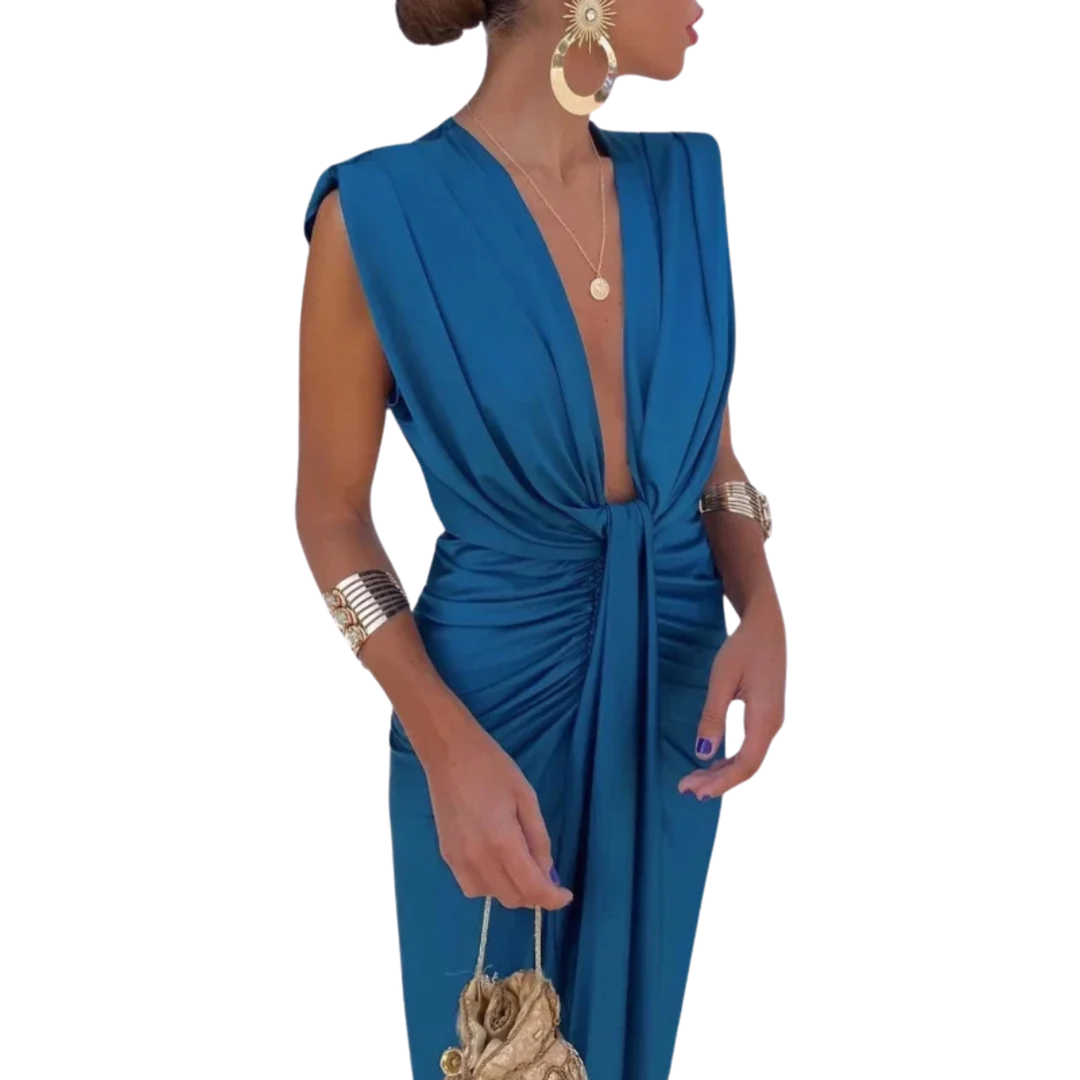 Ruched Midi Dress – Women's V-Neck Draped Evening Gown
