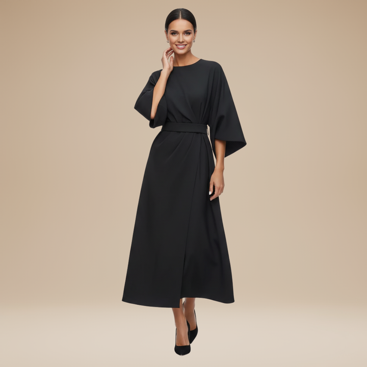 Women's Belted Wrap Midi Dress – Wide Flowing Sleeves Draped Waist