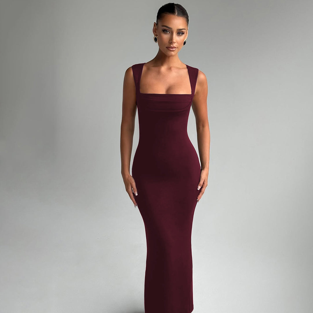 Women's Slim Fit Square Neck Sleeveless Maxi Dress – Bodycon Hip-Wrap