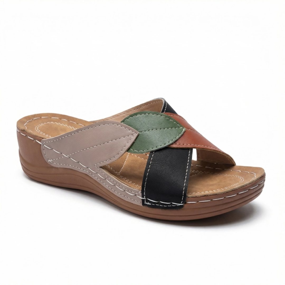 Women's Wedge Slide Sandals – Leaf Print Crossover Strap