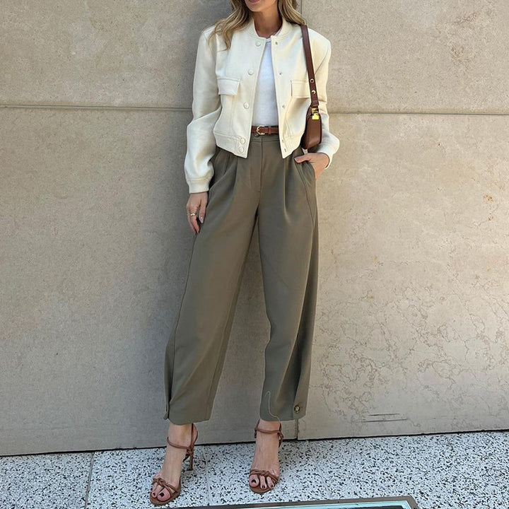 Women's Cropped Suit Pants High Waist – Loose Tailored Elastic Waistband