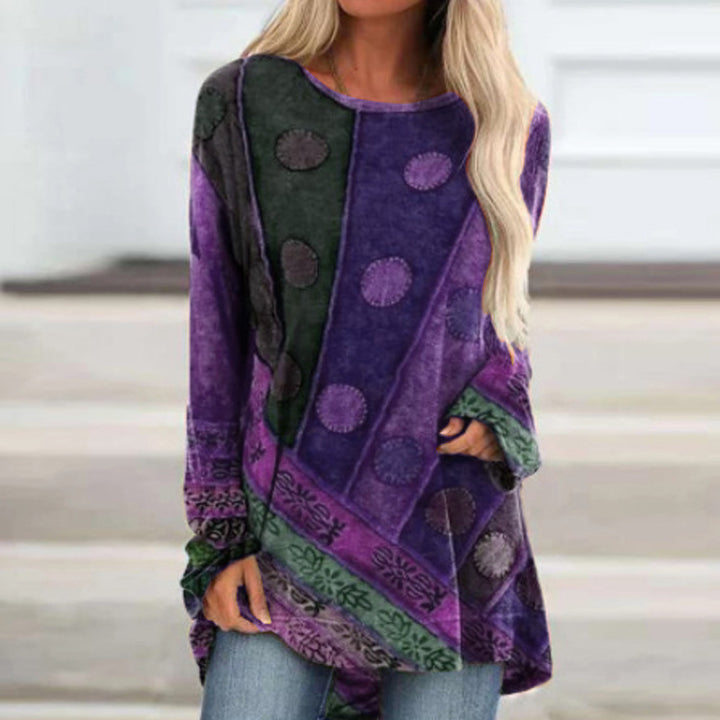 Boho Long Sleeve Oversized Top – Ethno Patchwork Print