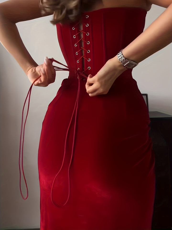Women's Velvet Strapless Maxi Dress – Corset Lace-Up Back