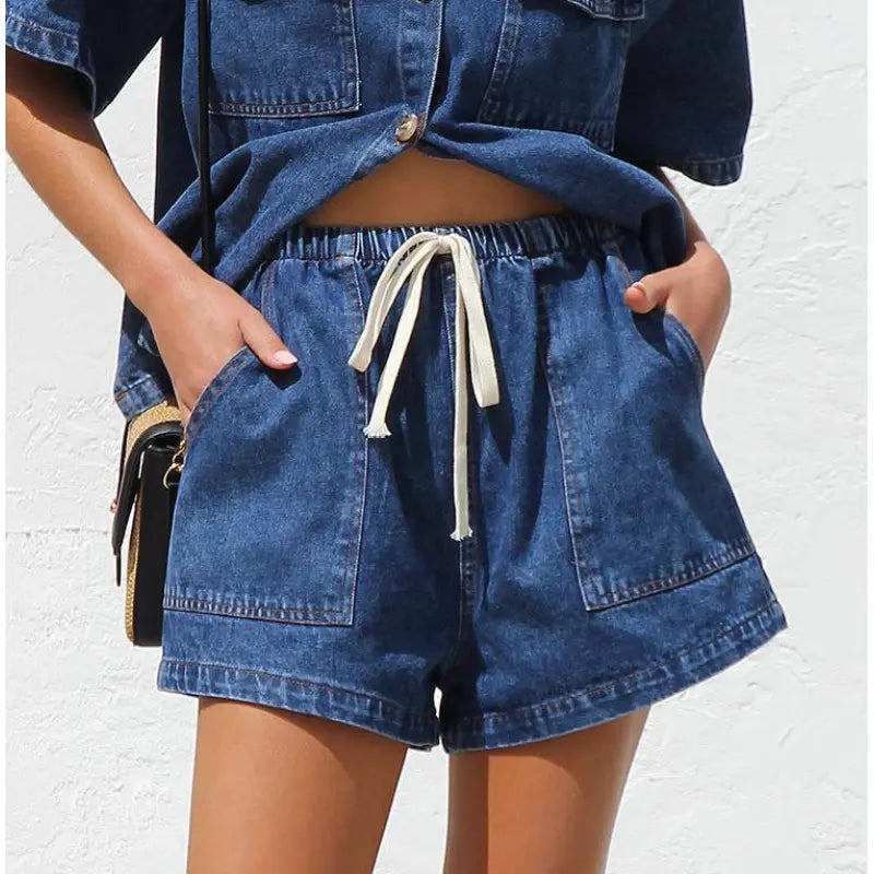 Women's Denim Two-Piece Set – Boxy Shirt & High-Rise Shorts