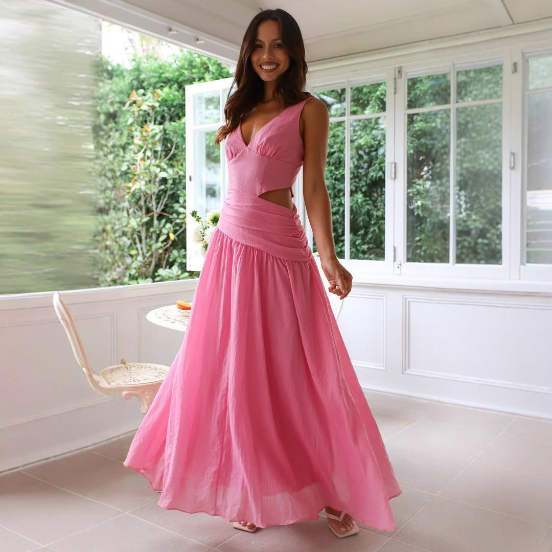 Women's V-Neck Drop Waist Maxi Dress – Side Cut-Out Open Back Gathered Skirt