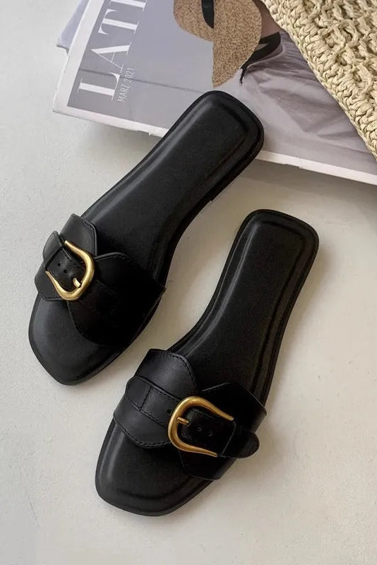 Women's Square-Toe Buckle Slides – Wide Crossover Strap
