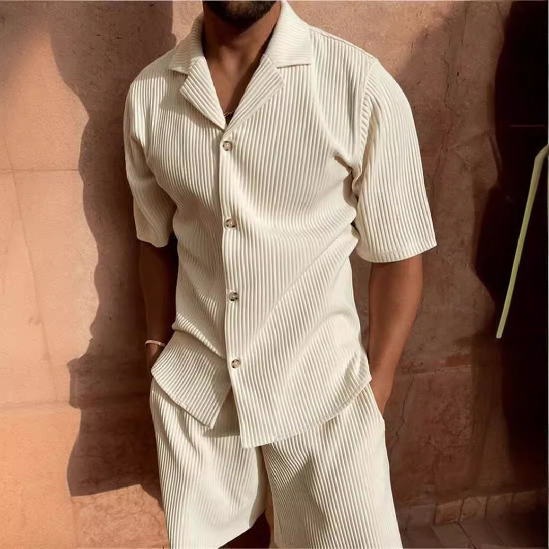 Men's Ribbed Two Piece Set – Short Sleeve Shirt & Drawstring Trousers