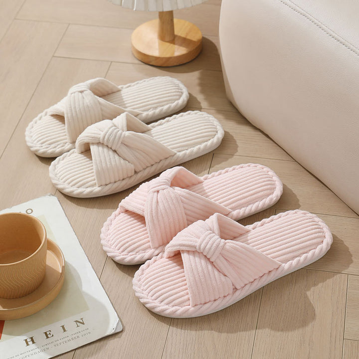 Women's Slippers – Corduroy Open Toe Slip-On with Bow Detail