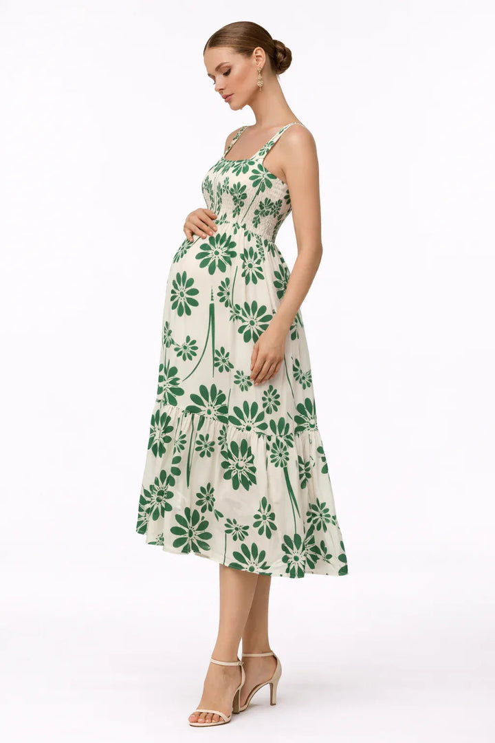 Floral Maternity Midi Dress – Smocked Bodice & Flared Skirt
