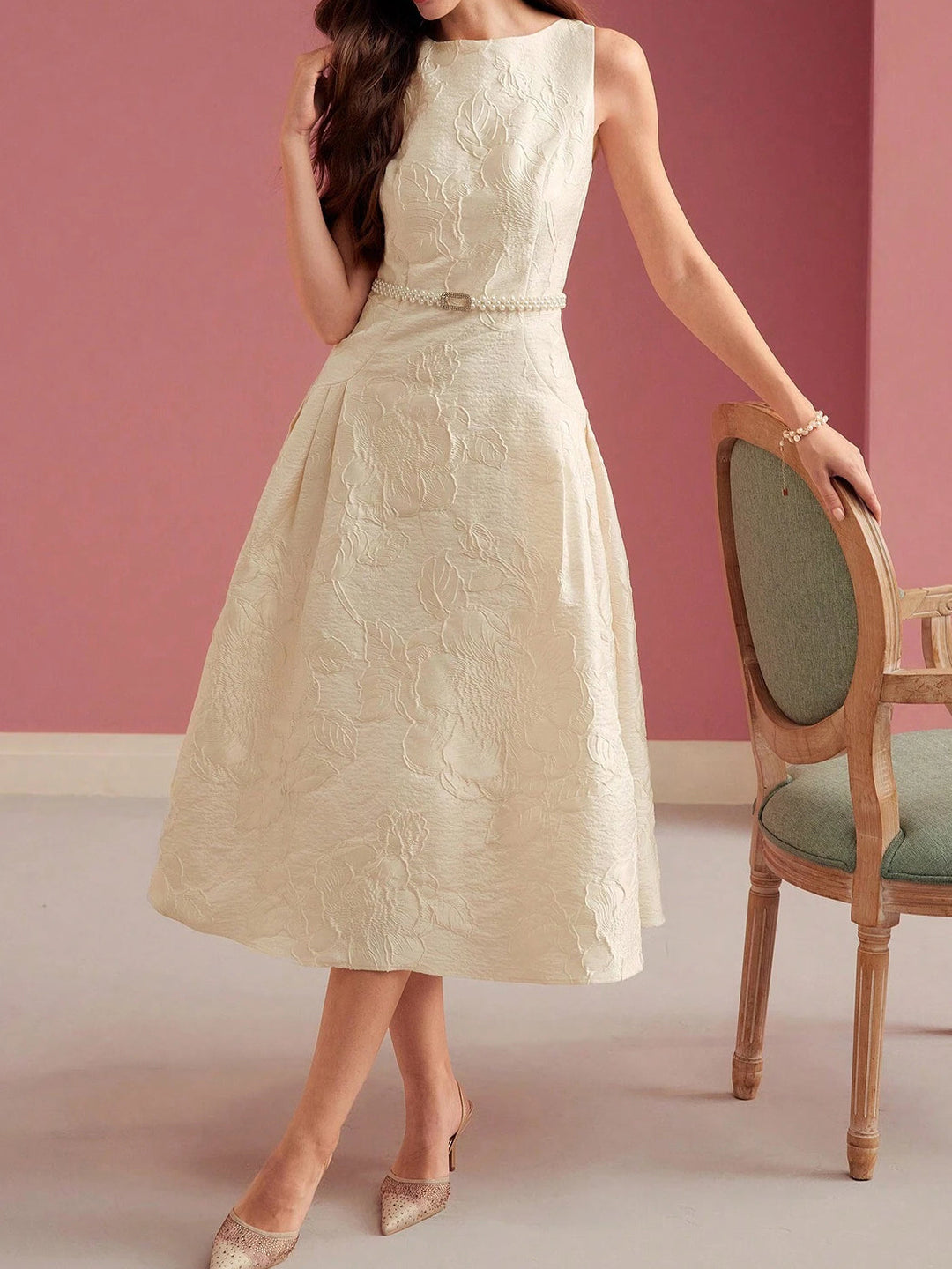 Women's Jacquard Floral A-Line Midi Dress – Boat Neck Pearl Belt