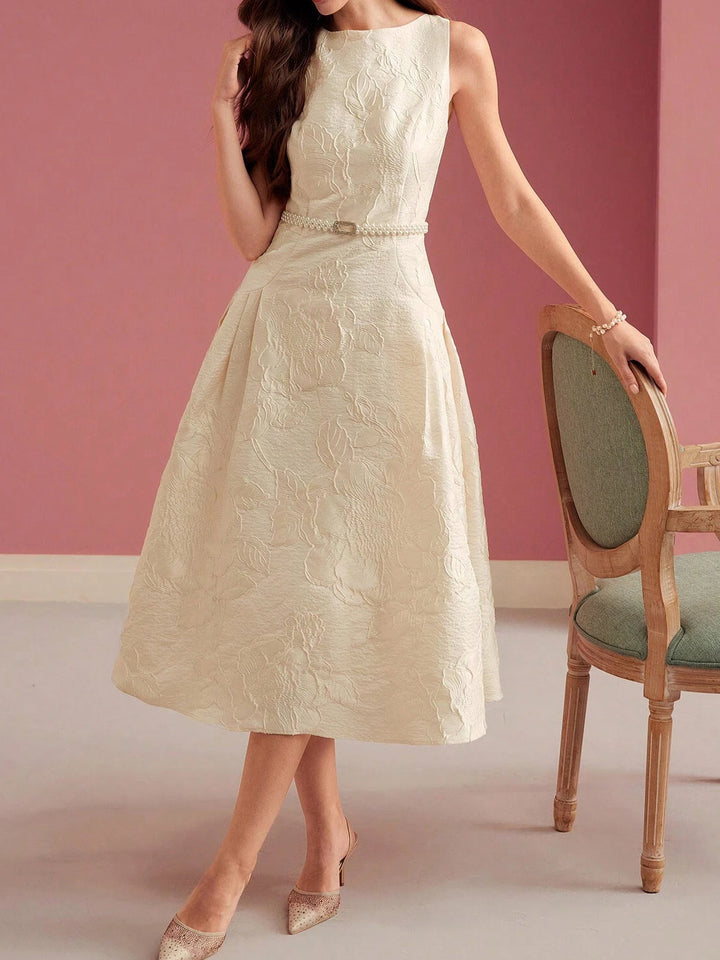 Women's Jacquard Floral A-Line Midi Dress – Boat Neck Pearl Belt