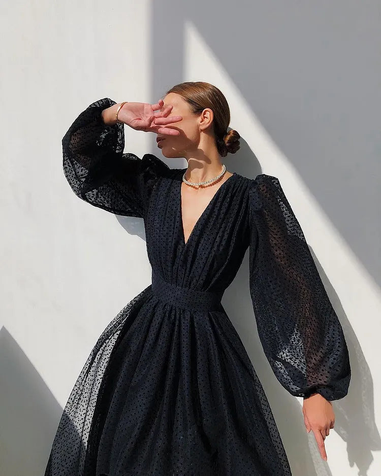 Women's Polka Dot Wrap Midi Dress – Balloon Sleeves