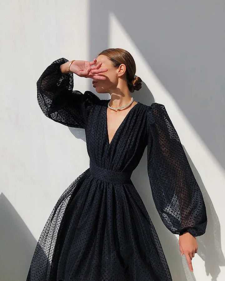 Women's Polka Dot Wrap Midi Dress – Balloon Sleeves