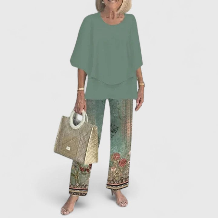Women's Floral Pants Two-Piece Set – Round Neck Half Sleeve Co-ord