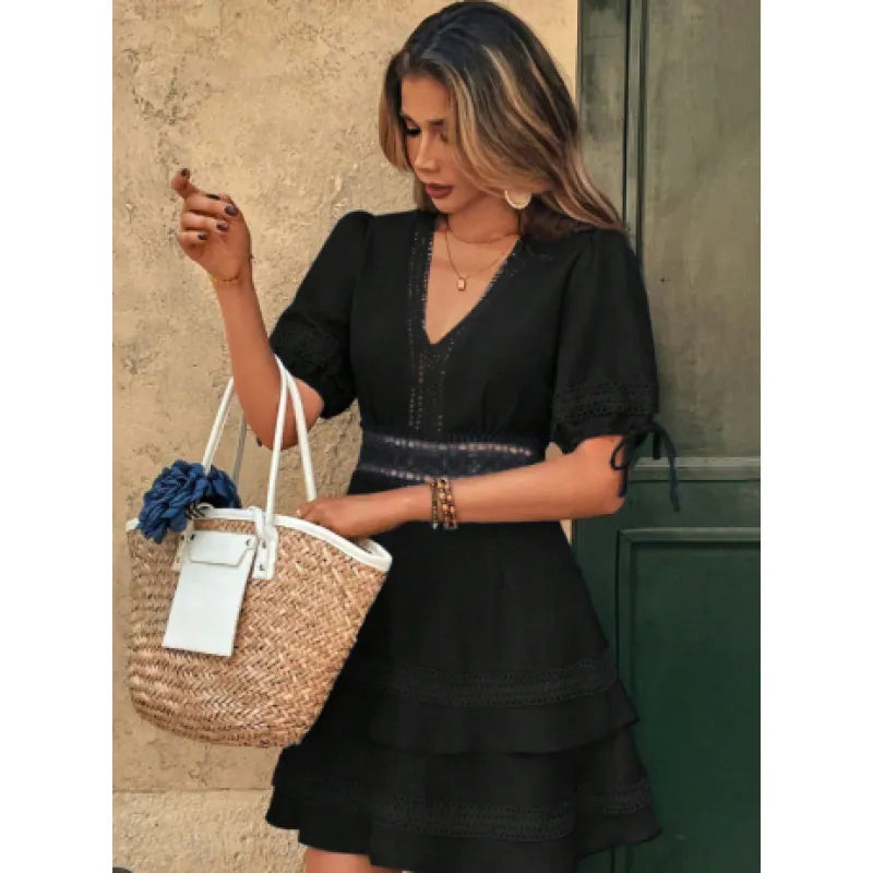 Fit-and-Flare Mini Dress – Lace Trim &amp; Puff Sleeves