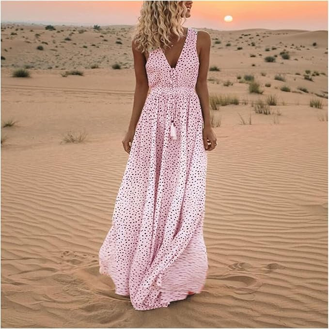 Women's Boho Sleeveless V-Neck Maxi Dress – Flowing Pattern Summer
