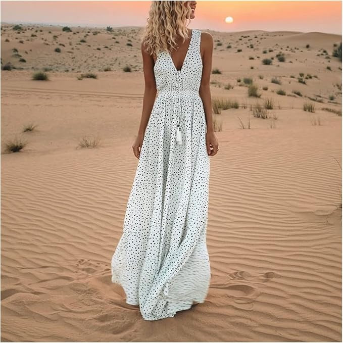 Women's Boho Sleeveless V-Neck Maxi Dress – Flowing Pattern Summer
