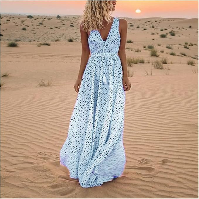 Women's Boho Sleeveless V-Neck Maxi Dress – Flowing Pattern Summer