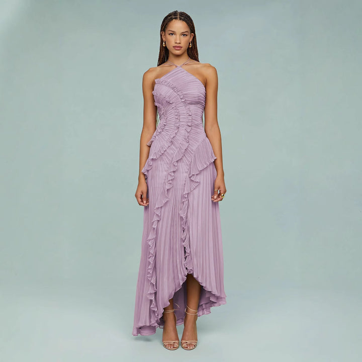 Halter Backless Ruffled Maxi Dress – Asymmetric Hem | Women