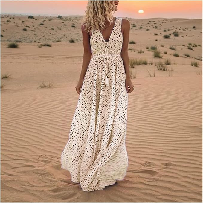 Women's Boho Sleeveless V-Neck Maxi Dress – Flowing Pattern Summer