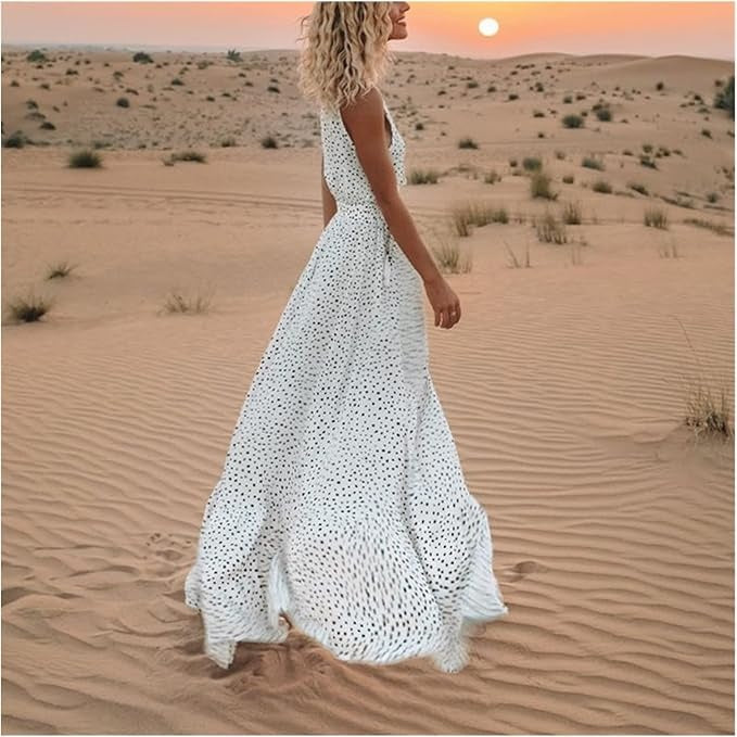 Women's Boho Sleeveless V-Neck Maxi Dress – Flowing Pattern Summer