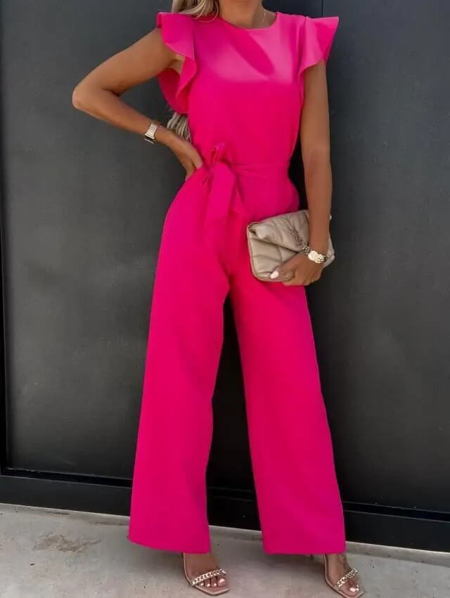 Women's Wide Leg Jumpsuit – Butterfly Sleeves Belted Full Length