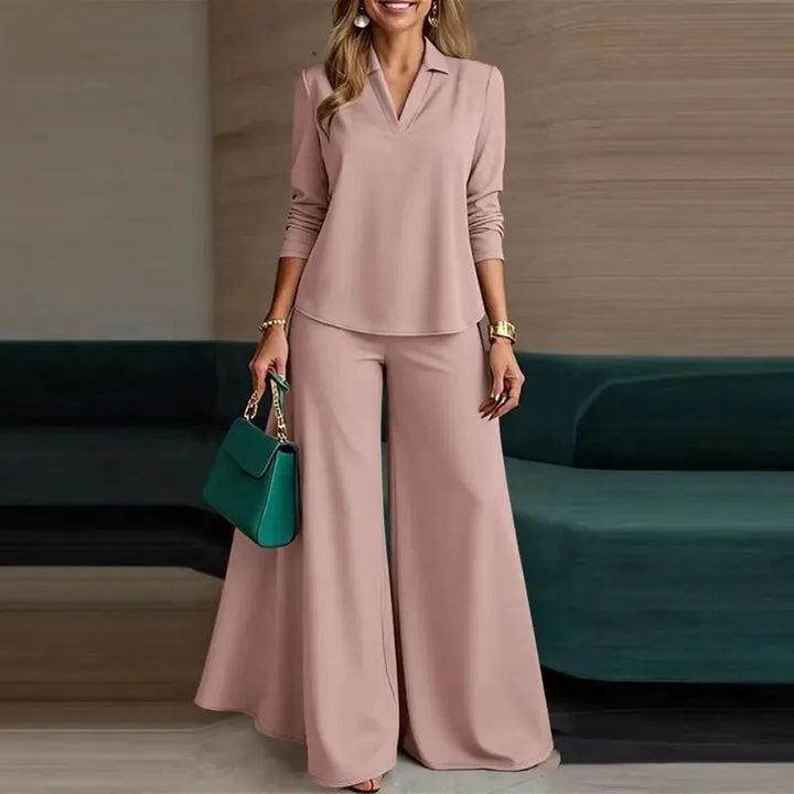Women's Two Piece Set – Long Sleeve Blouse & Wide-Leg Trousers