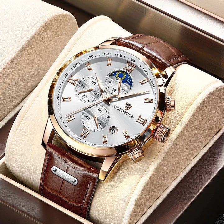 Men's Classic Leather-Look Strap Watch – Multifunction Dial