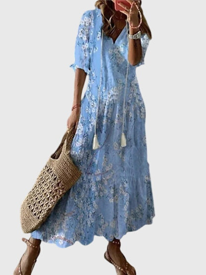 Women's Boho Vintage Maxi Dress V-Neck – Short Sleeve Summer Style